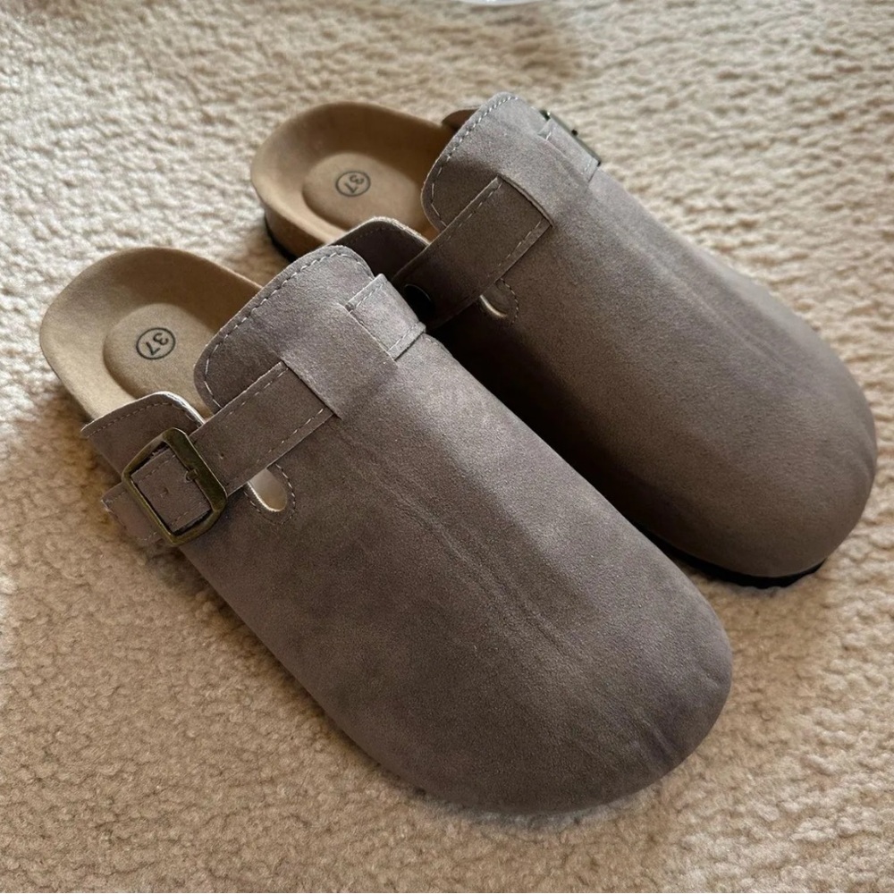 Gray Suede Clogs with Buckle